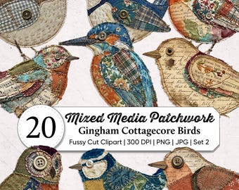 Mixed Media Bird Patchwork Clipart PNG | Cottagecore Gingham Birds | Vintage Junk Journal Ephemera | Shabby Chic Aviary Collage Set-2