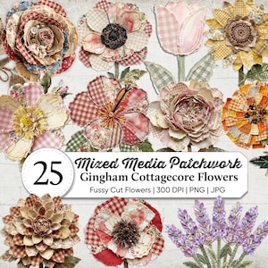 Blandteknik Blommigt lapptäcke Clipart PNG | Cottagecore Ginghamblommor | Vintage Junk Journal Ephemera | Shabby Chic Botaniskt Collage Set-1