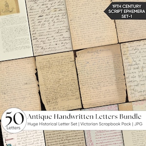 Può includere: Una collezione di antiche lettere manoscritte su carta invecchiata. L'immagine presenta una varietà di stili di scrittura e campioni di calligrafia del XIX secolo. Il testo "Antique Handwritten Letters Bundle" e "50 Letters" sono visibili.