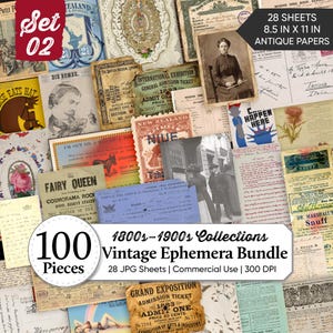 May include: A collection of 100 pieces of vintage ephemera featuring 28 sheets of antique papers measuring 8.5 inches by 11 inches. The bundle includes various historical documents, black and white photographs, tickets, and handwritten letters.