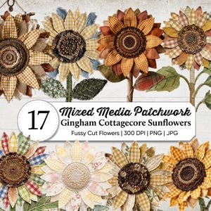 Puede incluir: Una colección de 17 girasoles patchwork de técnica mixta en varios colores y patrones. Los girasoles tienen pétalos de tela de cuadros, floral y lisa. La imagen incluye el texto "Mixed Media Patchwork Gingham Cottagecore Sunflowers".