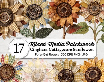 Mixed Media Sunflower Patchwork Clipart PNG | Cottagecore Gingham Sunflowers | Vintage Floral Junk Journal Ephemera | Shabby Chic Botanical