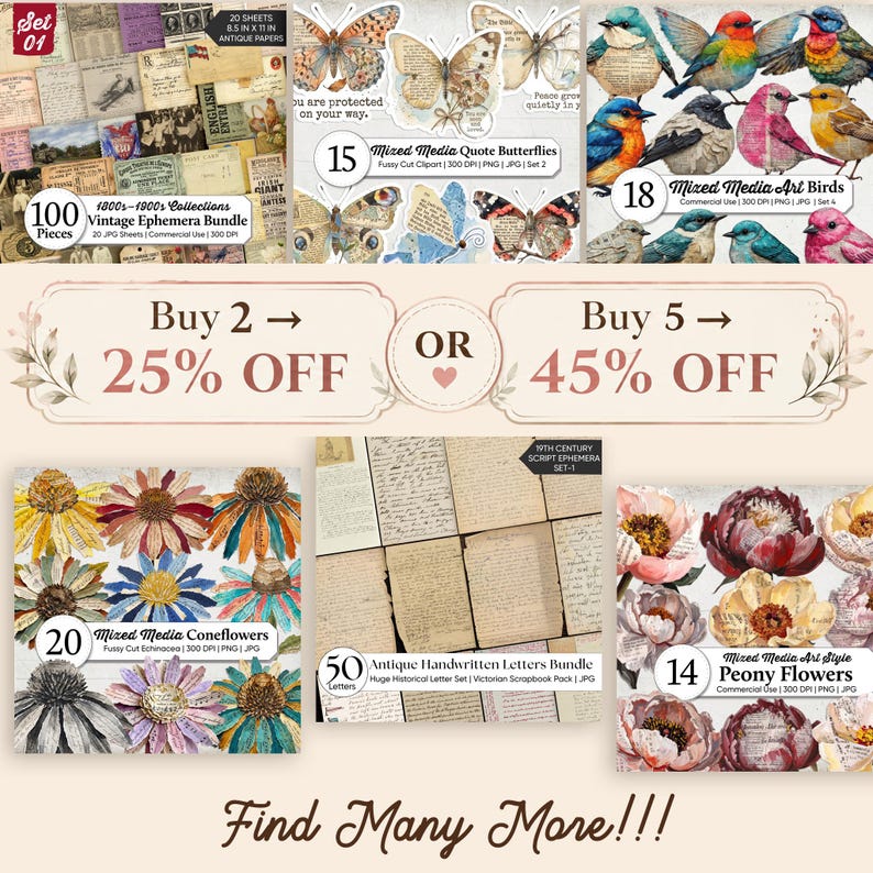 May include: A digital collage collection featuring vintage ephemera, butterflies with quotes, colorful birds, coneflowers, antique handwritten letters, and peony flowers. The graphic displays promotional text for discounts and includes labels for each set.