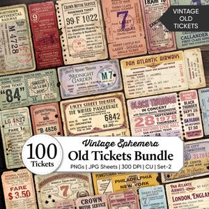 May include: A collection of vintage ephemera featuring various old tickets for railways, airlines, and theaters. The assortment includes diverse paper designs with printed text, dates, and serial numbers from different historical transit and event services.