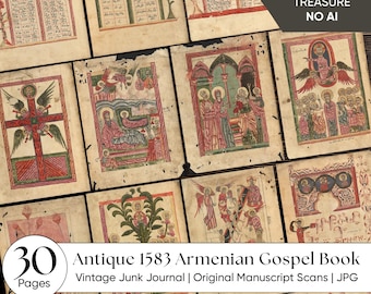 Junk Journal Ephemera Printable | 1583 Armenisches Evangeliar | Antike illustrierte Buchseiten | Gothic Bibel Kunst | Alte Schrift