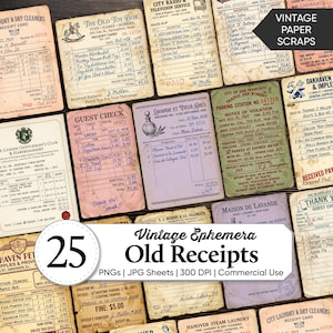 Puede incluir: Una colección de veinticinco recortes de papel vintage que presentan varios recibos históricos, cuentas de invitados y multas de estacionamiento. Los documentos muestran texturas de papel envejecido, blanquecino y coloreado con texto impreso, detalles escritos a mano y sellos.