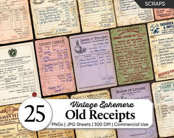 Vintage Old Receipts Digital Paper Pack | Junk Journal Ephemera Paper Scrap | Aged Antique Invoice, Ledger & Accounting Collage Sheets