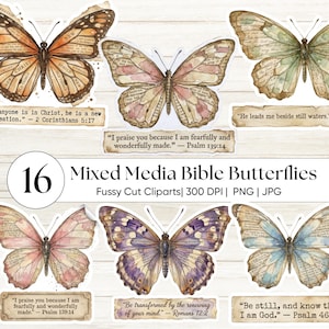 May include: A collection of 16 mixed media butterfly clip art images. The butterflies feature watercolor designs with text from the Bible. Each butterfly has a unique color palette, including orange, pink, purple, and blue. The text includes Bible verses.