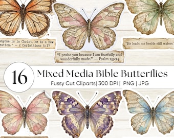 Mixed Media Antique Schmetterlinge | Christian Lepidoptera PNG | Bibel Vers Ephemera | Schrift Aufkleber | Botanische Junk Journal Zubehör