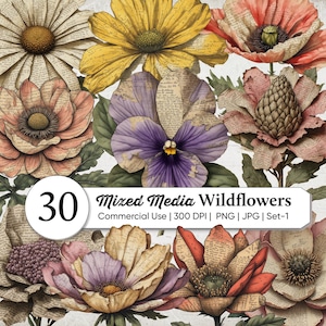 Op de afbeelding: Een digitale collectie van mixed media wilde bloemen met bloemblaadjes die eruitzien als oude boekpagina's. De afbeelding bevat een wit label met de tekst 30 Mixed Media Wildflowers Commercial Use 300 DPI PNG JPG Set-1.