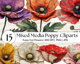 Mixed Media Poppy Fussy Schnitt PNG - Vintage Rot Botanische Clipart - Antike Grunge Textur Florale Ephemera Junk Journals & Scrapbooking