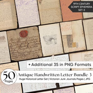 Pode incluir: Uma coleção de cartas manuscritas antigas e efêmeras. A imagem apresenta vários papéis envelhecidos com tinta desbotada, selos e ilustrações. O texto na imagem diz "19th Century Script Ephemera Set-3" e "Antique Handwritten Letter Bundle-3".