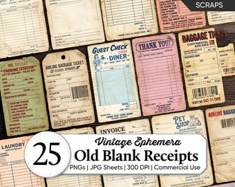Vintage Old Blank Receipts Digital Paper Pack | Junk Journal Ephemera Paper Scrap | Aged Antique Invoice, Ledger & Accounting Collage Sheets