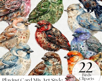 ミックスメディアの鳥の切り抜きクリップアートPNG – ジャンクジャーナル、スクラップブッキング用のトランプのテクスチャが付いたビンテージグランジの鳥のエフェラデジタルセット