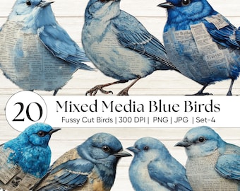 Technique mixte oiseau bleu Clipart PNG, vintage oiseau indésirable Journal éphémères, oiseaux botaniques de coupe difficile, oiseau chanteur en détresse, art artisanal shabby Chic