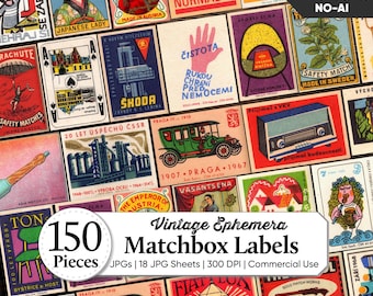 Vintage Matchbox Labels Bundle | Antique Matchbox Ephemera | Retro Labels from Around the World | Junk Journal Printables | Digital Download