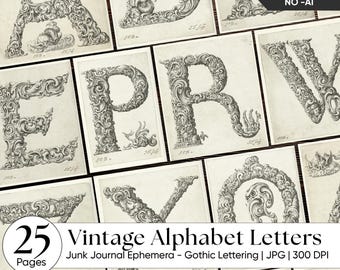 Junk Journal Ephemera - 17th Century Dark Academia Alphabet Buchstaben - Vintage Alchemist Drop Caps - Antike Renaissance Gothic Typografie