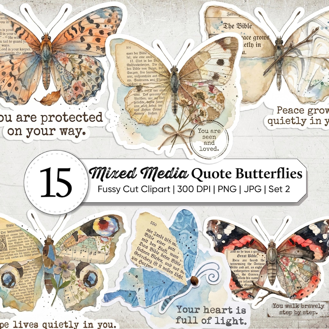 Vintage Mixed Media Butterfly Clipart PNG | Christian Butterflies | Bible Verse Stickers |