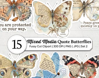 Vintage Mixed Media Butterfly Clipart PNG | Christian Butterflies | Bible Verse Stickers | Faith Inspired Ephemera | Junk Journal Art Set