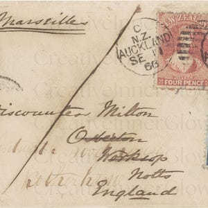 May include: An off-white vintage envelope addressed to The Viscount Milton in Worksop, Notts, England, via Marseille. It features two red four-pence and one blue two-pence New Zealand postage stamps, each postmarked Auckland, New Zealand, dated SE 11 68.