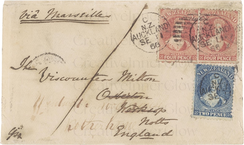 May include: An off-white vintage envelope addressed to The Viscount Milton in Worksop, Notts, England, via Marseille. It features two red four-pence and one blue two-pence New Zealand postage stamps, each postmarked Auckland, New Zealand, dated SE 11 68.
