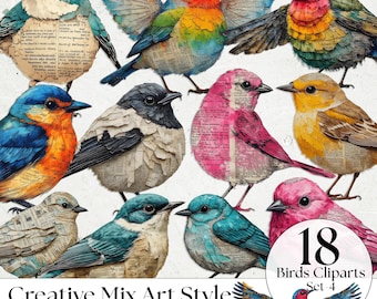 ミックスメディアの鳥の切り抜きクリップアート - ジャンクジャーナル、スクラップブッキング、シャビーシック向けのヴィンテージ植物鳥PNGエフェメラ - グランジテクスチャセット4