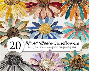 Mixed Media Coneflower Clipart Bundle | Vintage Echinacea Floral PNGs | Torn Paper Collage & Distressed Ephemera | Junk Journal Supplies