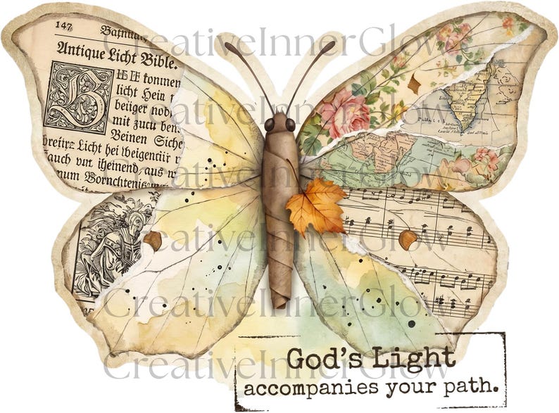 May include: A butterfly illustration featuring collage elements including antique German text, a vintage map, floral patterns, and musical notation. A single orange maple leaf rests on the central body. The text reads: God's Light accompanies your path.