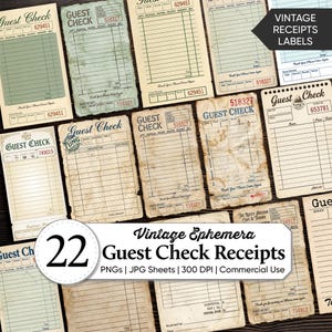 May include: A collection of twenty-two vintage guest check receipts featuring various paper textures, aged stains, and printed grids. The designs include text such as Guest Check, Thank You! Please Come Again, and unique serial numbers on each document.