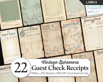 Vintage Guest Check Ephemera Collage | Junk Journal Retro Diner Receipt Printables | Restaurant Check Labels Kit | Scrapbook Supplies
