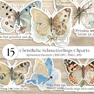 May include: A collection of 15 butterfly clip art images. The butterflies feature watercolor designs with vintage paper textures and text. The color palette includes shades of blue, brown, and orange. The text on the images is in German.