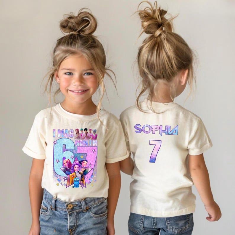 May include: Cream-colored t-shirt with a colorful graphic design. The front features the text "I WAS [age]" with a large number 6 and a group of cartoon characters. The back displays the name "SOPHIA" and the number 7 in a gradient font.