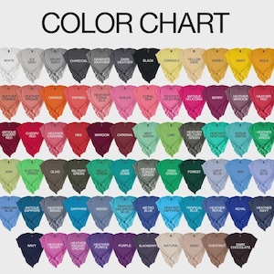May include: A color chart displays a variety of t-shirt colors, including white, gray, black, and various shades of red, blue, green, and purple. The text "COLOR CHART" is at the top.