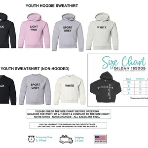 May include: Image of youth hoodies and sweatshirts in black, light pink, sport grey, and white. A size chart with measurements in inches is included. The text reads "Made in USA". The image also includes text about returns and exchanges.