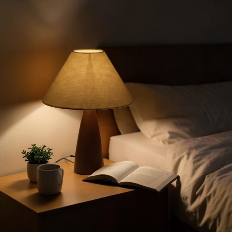 Liten skandinavisk bordslampa – Sänglampa i valnötsträ med tygskärm – Minimalistisk nordisk läslampa bild 3