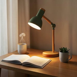 May include: A green and wood-toned desk lamp illuminates a wooden desk. A white mug with a plant and an open book are on the desk. A cup of coffee with steam rising from it is also on the desk.