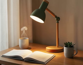 Lampada da scrivania scandinava verde menta – Lampada da tavolo regolabile in legno – Lampada da studio nordica – Lampada da lettura minimalista per comodino
