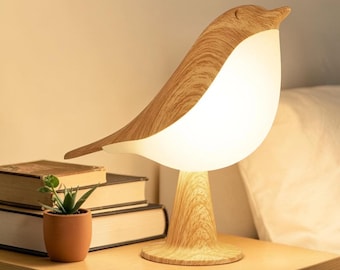 Moderna lampada notturna a LED con motivo a uccellino – Lampada dimmerabile con controllo touch – Lampada da comodino ricaricabile con finitura effetto legno – Lampada da scrivania portatile, ideale come regalo