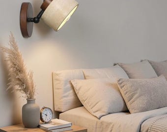 Applique da parete in travertino e legno – Lampada da comodino regolabile Wabi Sabi – Luce da parete in pietra naturale – Illuminazione da parete rustica e minimalista