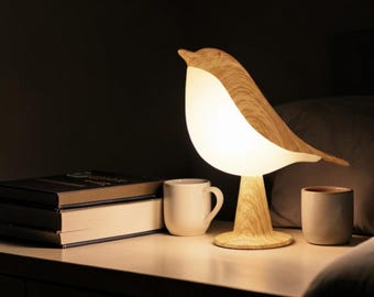 Lámpara de noche con forma de pájaro – LED regulable con control táctil – Lámpara de mesa con acabado de madera – Bonita lámpara de mesilla de noche con forma de pájaro – Decoración acogedora para la habitación del bebé y el cuarto infantil.