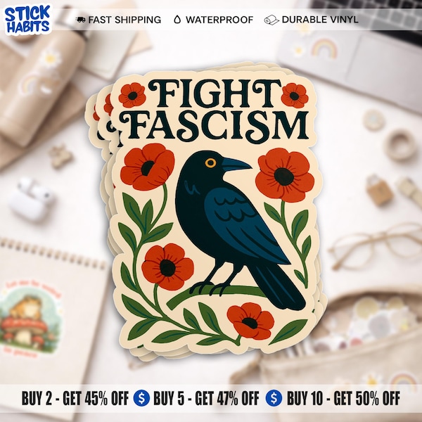 Fight Fascism Sticker, Floral Protest Pro Democracy Social Justice, Political Waterproof Vinyl Stickers for Laptop, Water Bottle, Gifts