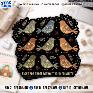 May include: A stack of black vinyl stickers featuring a repeating pattern of stylized birds in various colors, including blue, brown, and green, with floral and snowflake details. The text "FIGHT FOR THOSE WITHOUT YOUR PRIVILEGE" is at the bottom.