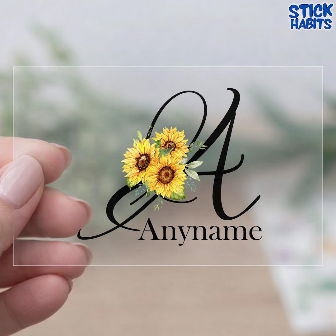 Custom Sunflower Name Transparent Sticker, Personalized Monogram ...