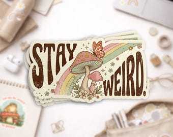 Stay Weird Sticker, Mushroom Rainbow Hippie Retro Botanical Waterproof Sticker for Water Bottle Laptop Kindle Notebook Helmet Gift