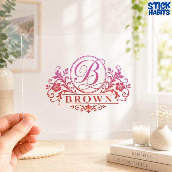 Personalized Floral Monogram Transparent Sticker, Custom Family Name Clear UV Decal, Elegant Initial Letter Girly Laptop Water Bottle Gift