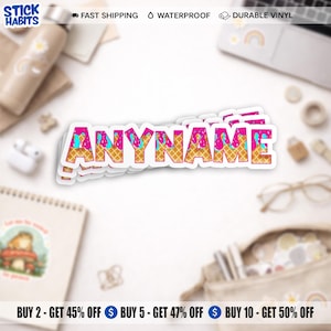 May include: A stack of stickers with the word "ANYNAME" in a colorful ice cream cone design. The stickers have a pink outline, waffle cone-style letters, and blue and pink drizzles. The stickers are waterproof and made of durable vinyl.