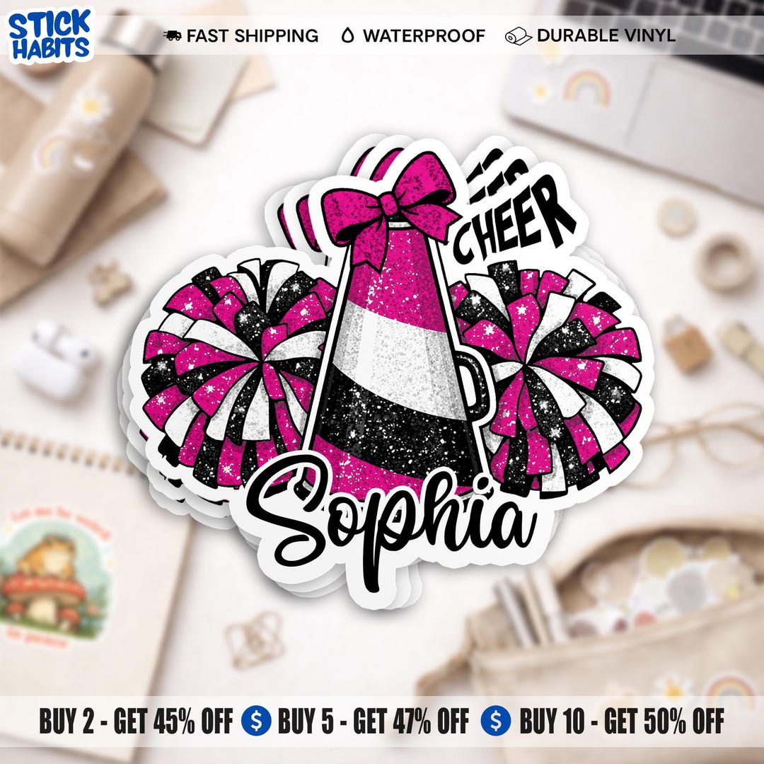 Personalized Cheerleader Sticker, Custom Name Cheer Pom Pom Sticker ...