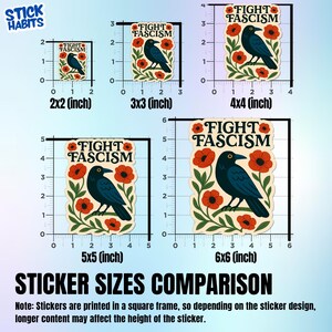 May include: Five stickers featuring a black crow perched on a branch surrounded by red flowers and green leaves, with the text FIGHT FASCISM. The stickers are displayed against rulers showing sizes of 2x2, 3x3, 4x4, 5x5, and 6x6 inches.