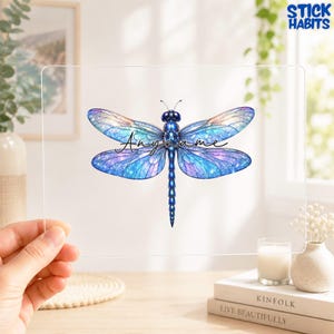 Autocollant transparent personnalisé libellule, autocollant UV transparent avec nom personnalisé, élégante libellule bleue pour ordinateur portable ou gourde, cadeau nature