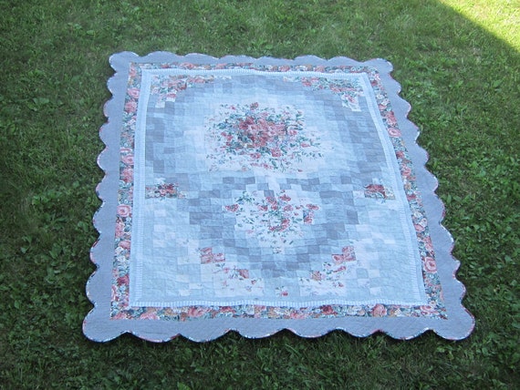 Quilt Watercolor Rose Heart Hand Quilted and Machine Quilted